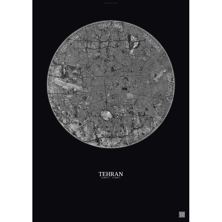Affiche Tehran – Poster vue satellite 10km N&B | Gravura – Fond foncé