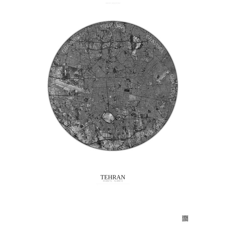 Affiche Tehran – Poster vue satellite 10km N&B | Gravura – Fond clair
