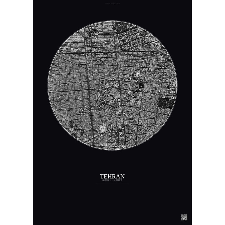 Affiche Tehran – Poster vue satellite 2.5km N&B | Gravura – Fond foncé
