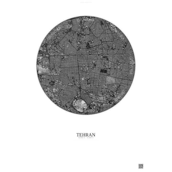 Tehran Satellite View Poster 6km B&W | Gravura – Light background