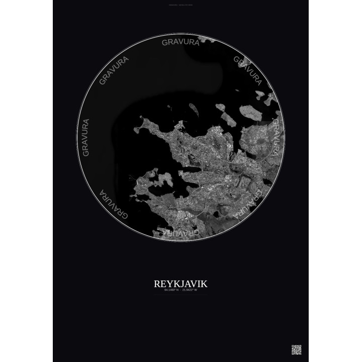 Reykjavik Satellite View Poster 10km B&W | Gravura – Dark background