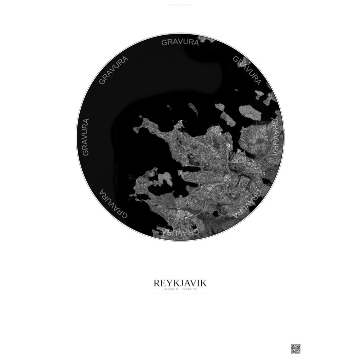 Affiche Reykjavik – Poster vue satellite 10km N&B | Gravura – Fond clair