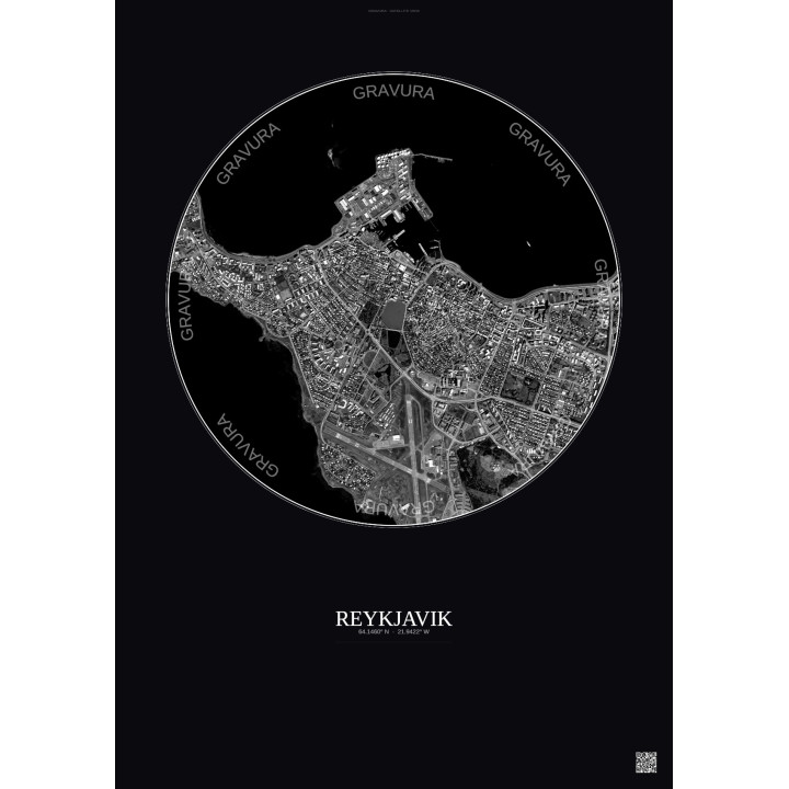 Affiche Reykjavik – Poster vue satellite 2.5km N&B | Gravura – Fond foncé