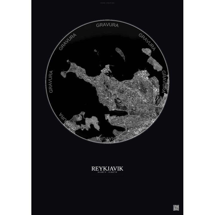 Affiche Reykjavik – Poster vue satellite 6km N&B | Gravura – Fond foncé