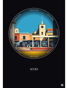 Affiche Accra – Poster illustration vintage – Makola Market | Gravura – Fond foncé
