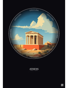 Affiche Athens – Poster illustration vintage – Hekatompedon Temple | Gravura – Fond foncé