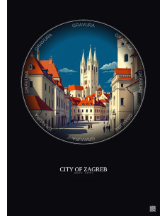 Affiche City Of Zagreb – Poster illustration vintage – Historic Old Town Of City Of Zagreb | Gravura – Fond foncé