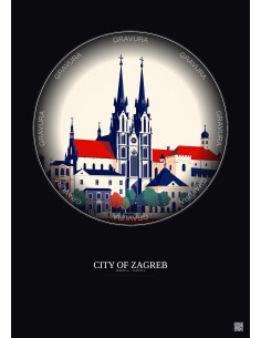 Affiche City Of Zagreb – Poster illustration vintage – Most Iconic Landmark Of City Of Zagreb | Gravura – Fond foncé