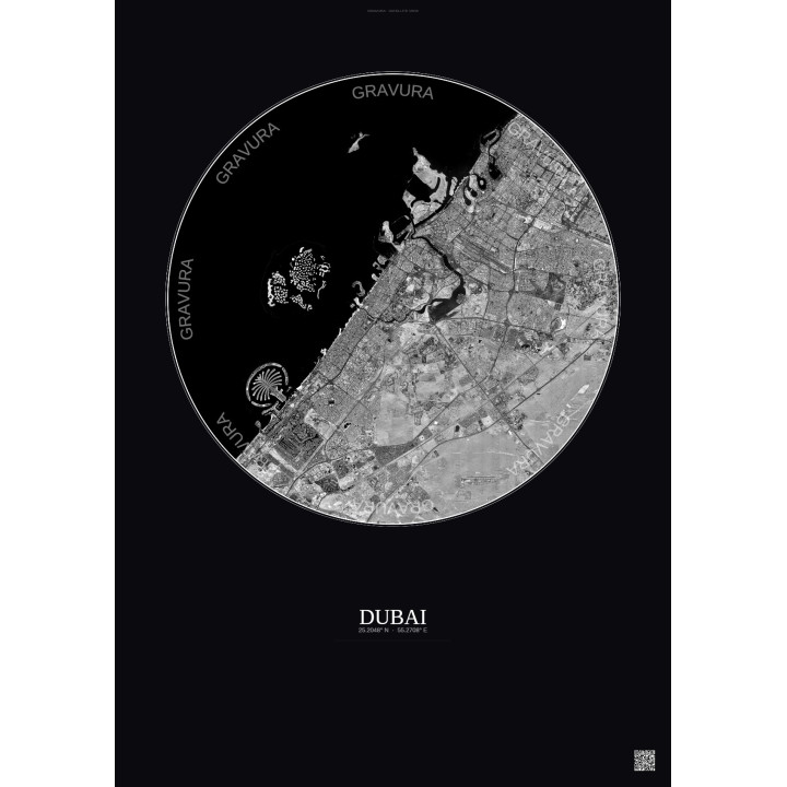 Affiche Dubai – Poster vue satellite 25km N&B | Gravura – Fond foncé