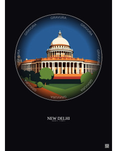 Affiche New Delhi – Poster illustration vintage – Old Parliament House | Gravura – Fond foncé