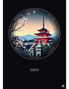 Affiche Tokyo – Poster illustration vintage – Senso Ji Temple | Gravura – Fond foncé