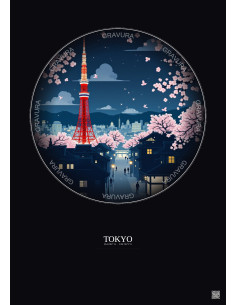 Affiche Tokyo – Poster illustration vintage – Tokyo Tower | Gravura – Fond foncé