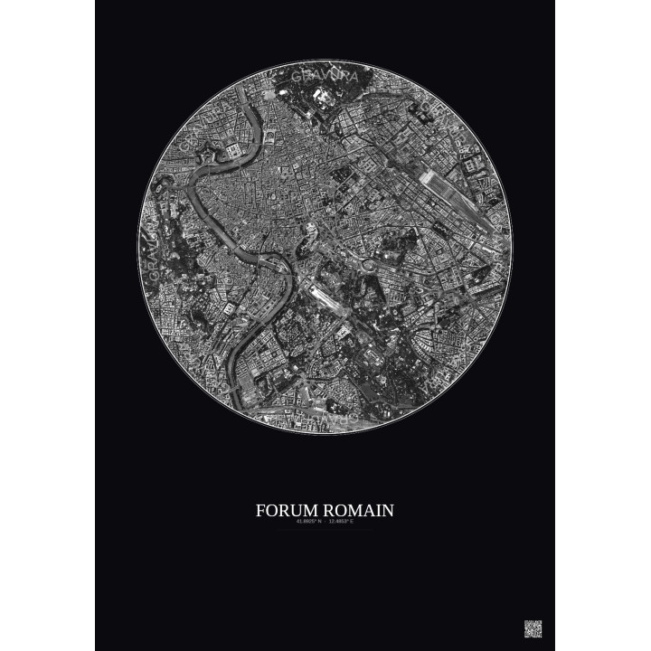 Affiche Forum Romain – Poster vue satellite 2.5km N&B | Gravura – Fond foncé