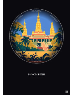Affiche Phnom Penh – Poster illustration vintage – Royal Palace | Gravura – Fond foncé
