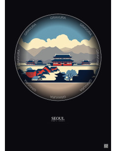 Seoul Vintage Travel Poster – Gyeongbokgung | Gravura – Dark background