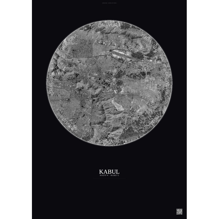 Affiche Kabul – Poster vue satellite 10km N&B | Gravura – Fond foncé