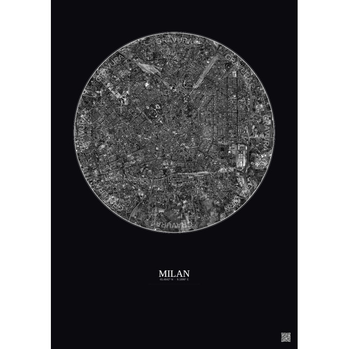 Affiche Milan – Poster vue satellite 5km N&B | Gravura – Fond foncé