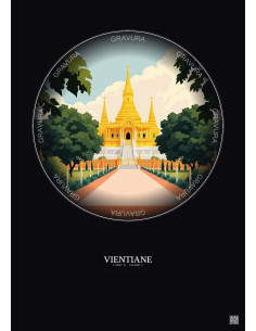 Affiche Vientiane – Poster illustration vintage – Haw Phra Kaew | Gravura – Fond foncé