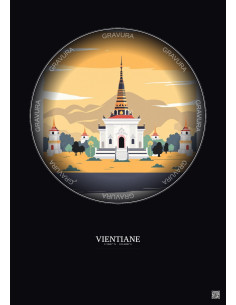 Affiche Vientiane – Poster illustration vintage – Wat Si Muang | Gravura – Fond foncé