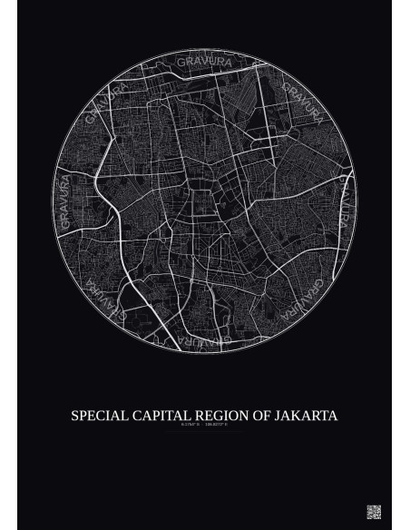 Affiche Special Capital Region Of Jakarta – Poster carte de ville 6km | Gravura – Fond foncé