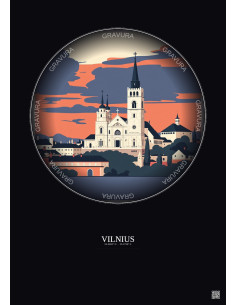 Affiche Vilnius – Poster illustration vintage – Vilnius Cathedral | Gravura – Fond foncé