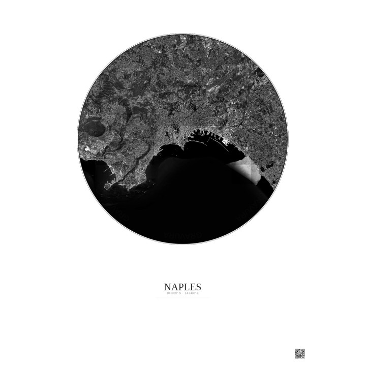 Affiche Naples – Poster vue satellite 10km N&B | Gravura – Fond clair
