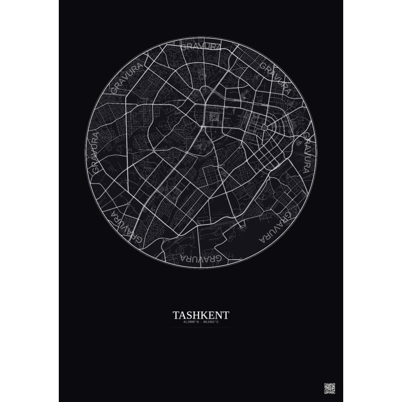 Affiche Tashkent – Poster carte de ville 6km | Gravura – Fond foncé