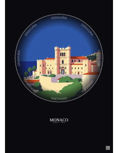 Affiche Monaco – Poster illustration vintage – Prince S Palace | Gravura – Fond foncé