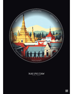 Affiche Nay Pyi Taw – Poster illustration vintage – Historic Old Town Of Nay Pyi Taw | Gravura – Fond foncé