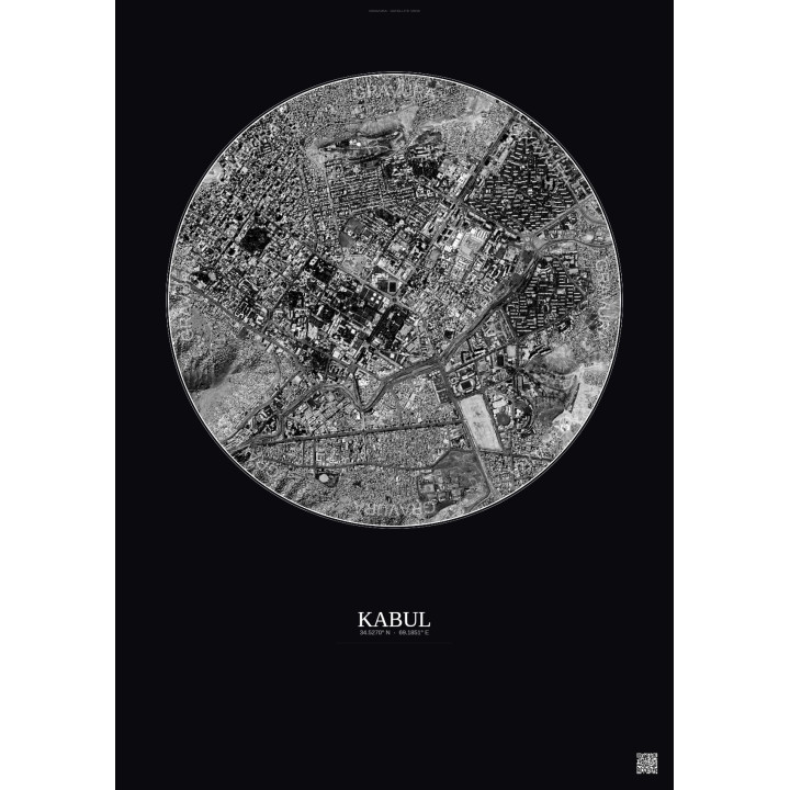 Affiche Kabul – Poster vue satellite 2.5km N&B | Gravura – Fond foncé