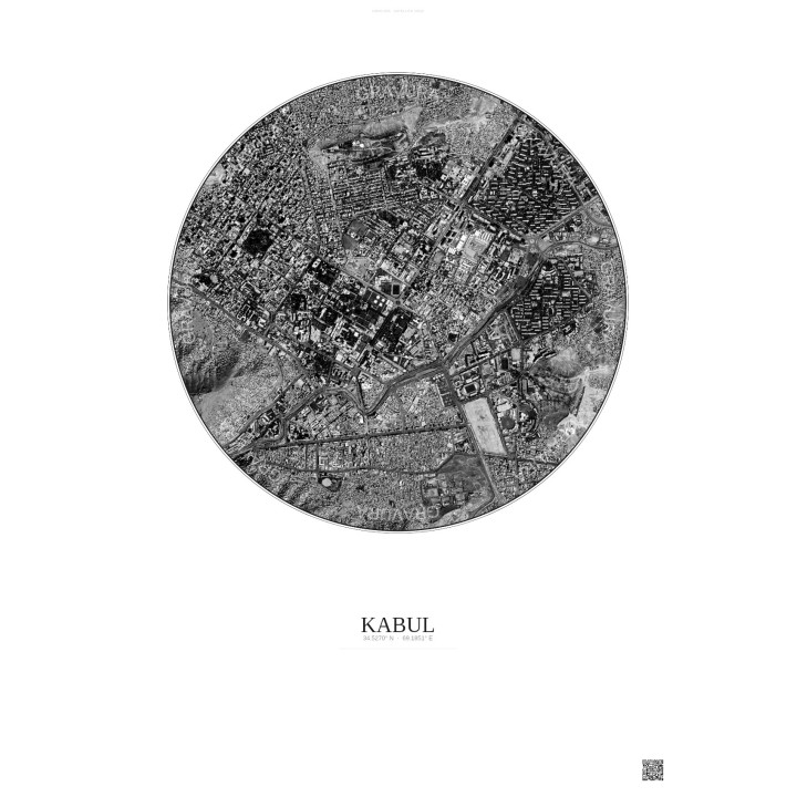 Affiche Kabul – Poster vue satellite 2.5km N&B | Gravura – Fond clair