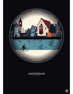 Affiche Amsterdam – Poster illustration vintage – Anne Frank House | Gravura – Fond foncé