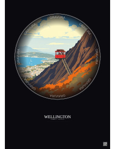 Affiche Wellington – Poster illustration vintage – Wellington Cable Car | Gravura – Fond foncé