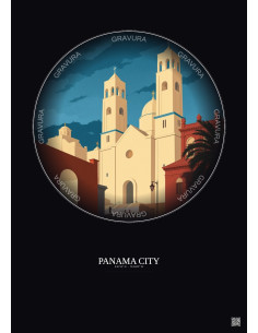 Affiche Panama City – Poster illustration vintage – Metropolitan Cathedral Of Panama City | Gravura – Fond foncé