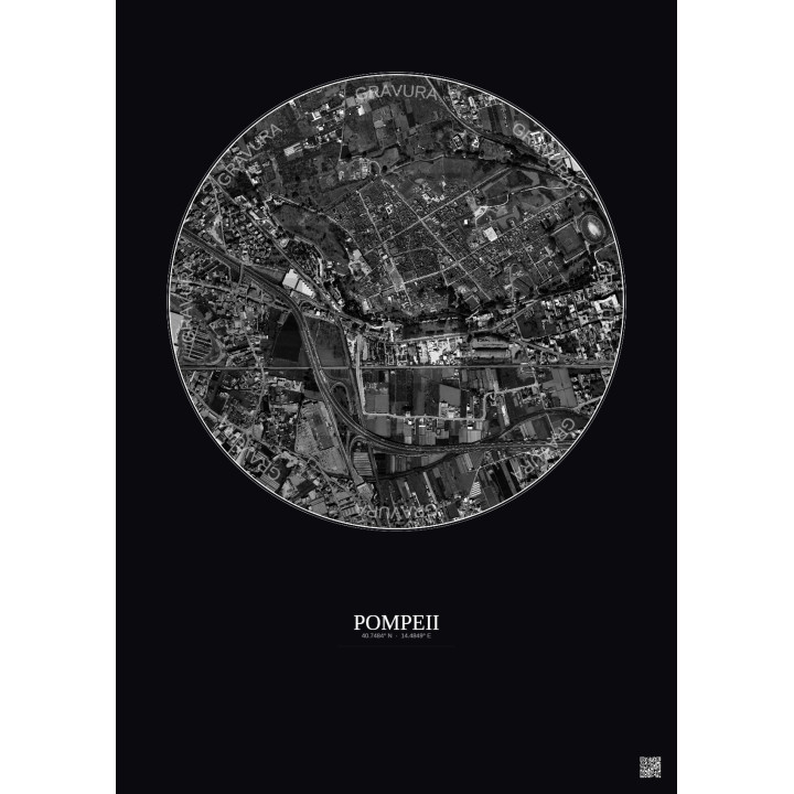 Affiche Pompeii – Poster vue satellite 1km N&B | Gravura – Fond foncé