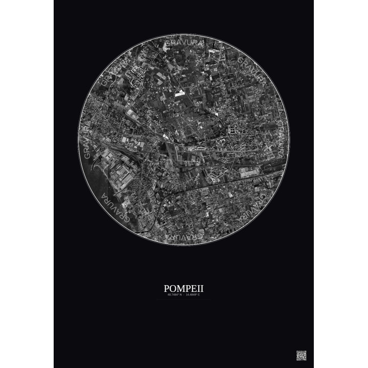 Affiche Pompeii – Poster vue satellite 2.5km N&B | Gravura – Fond foncé