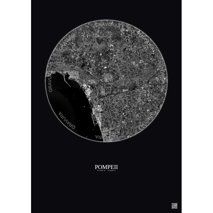 Affiche Pompeii – Poster vue satellite 5km N&B | Gravura – Fond foncé