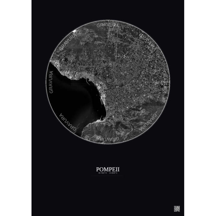 Affiche Pompeii – Poster vue satellite 10km N&B | Gravura – Fond foncé