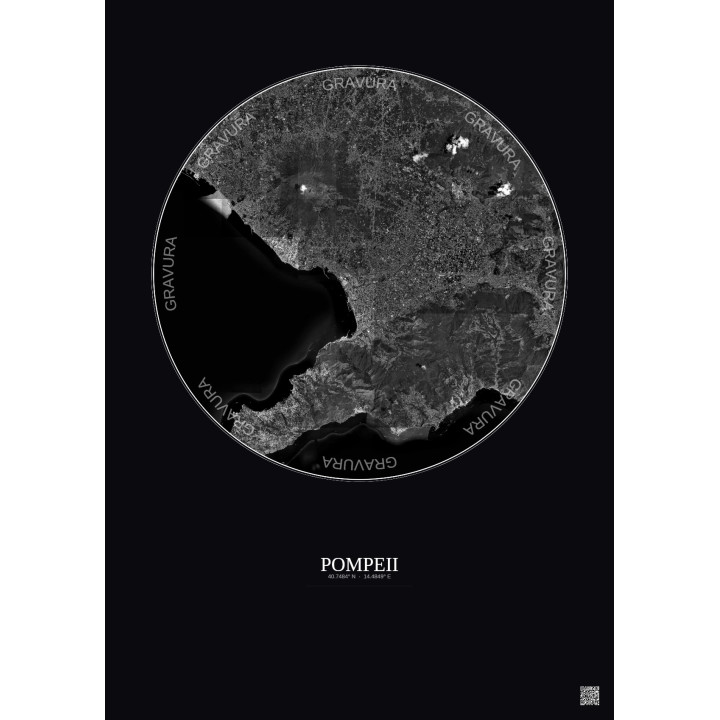 Affiche Pompeii – Poster vue satellite 20km N&B | Gravura – Fond foncé