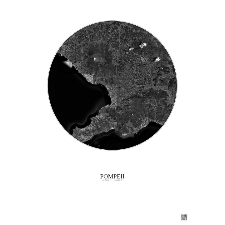 Affiche Pompeii – Poster vue satellite 20km N&B | Gravura – Fond clair