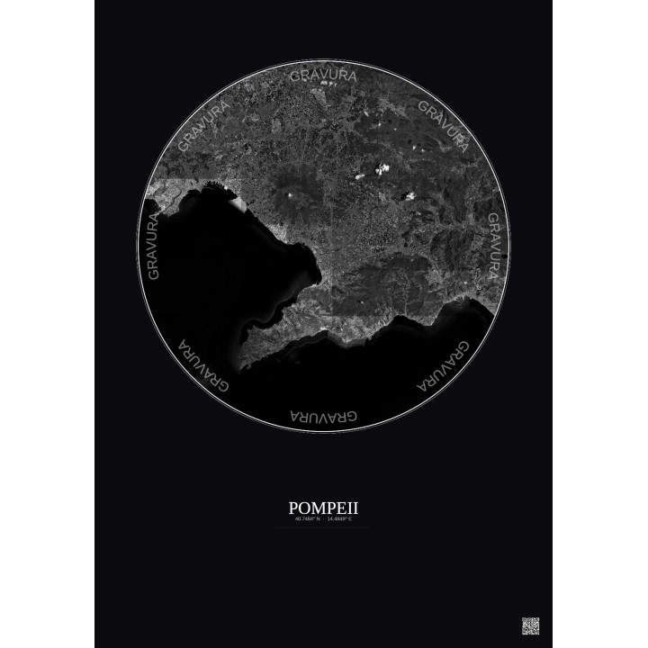 Affiche Pompeii – Poster vue satellite 30km N&B | Gravura – Fond foncé
