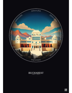 Affiche Bucharest – Poster illustration vintage – Palace Of The Parliament | Gravura – Fond foncé