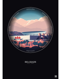Affiche Belgrade – Poster illustration vintage – Rajko Mitic Stadium | Gravura – Fond foncé