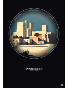 Affiche Riyadh Region – Poster illustration vintage – Historic Old Town Of Riyadh Region | Gravura – Fond foncé