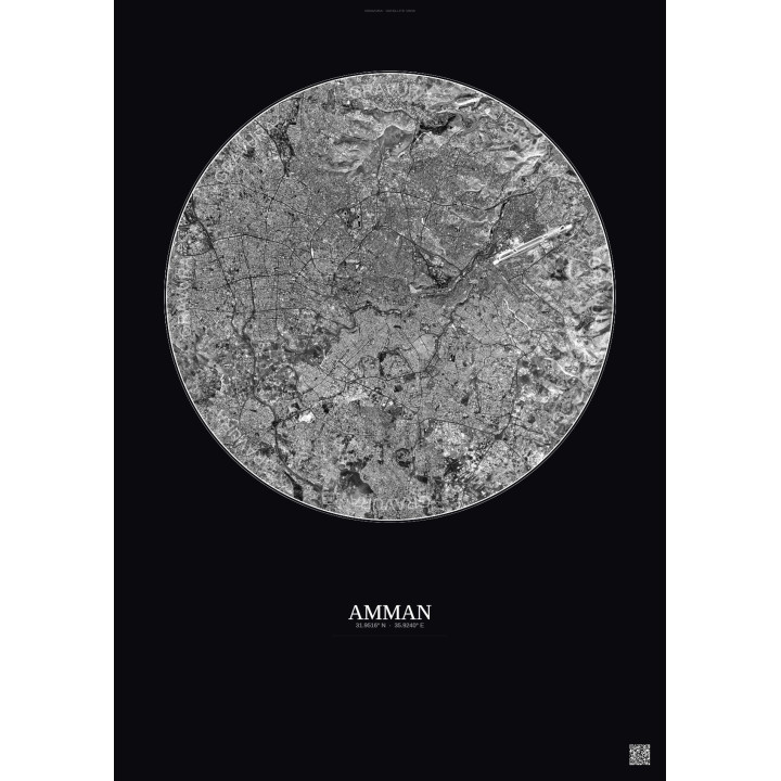 Affiche Amman – Poster vue satellite 10km N&B | Gravura – Fond foncé