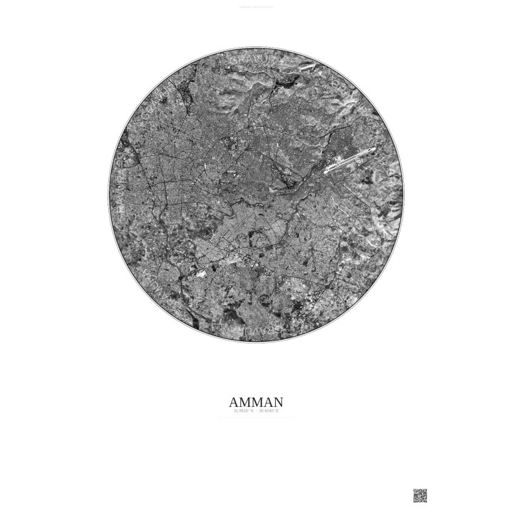 Affiche Amman – Poster vue satellite 10km N&B | Gravura – Fond clair