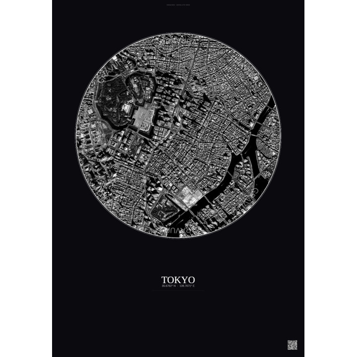Tokyo Satellite View Poster 2.5km B&W | Gravura – Dark background