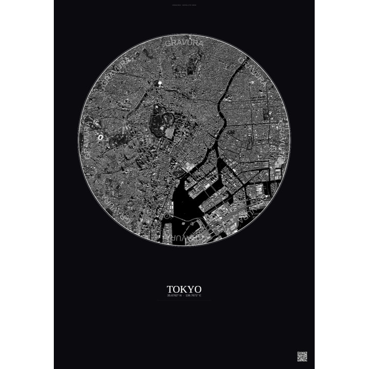 Tokyo Satellite View Poster 6km B&W | Gravura – Dark background