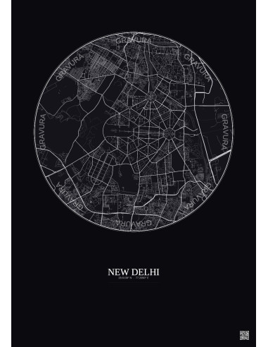 Affiche New Delhi – Poster carte de ville 6km | Gravura – Fond foncé