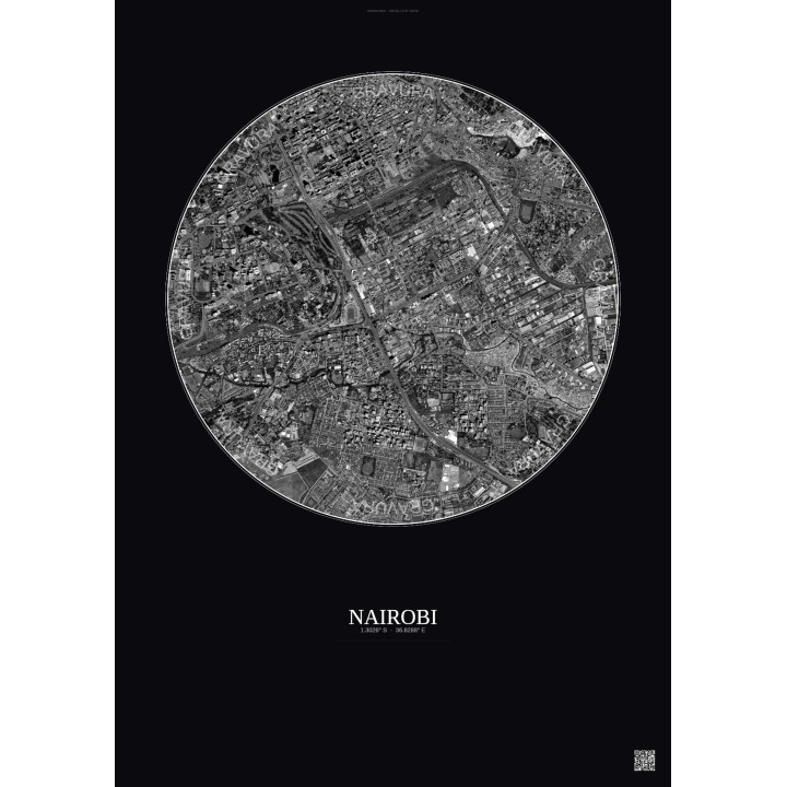 Affiche Nairobi – Poster vue satellite 2.5km N&B | Gravura – Fond foncé